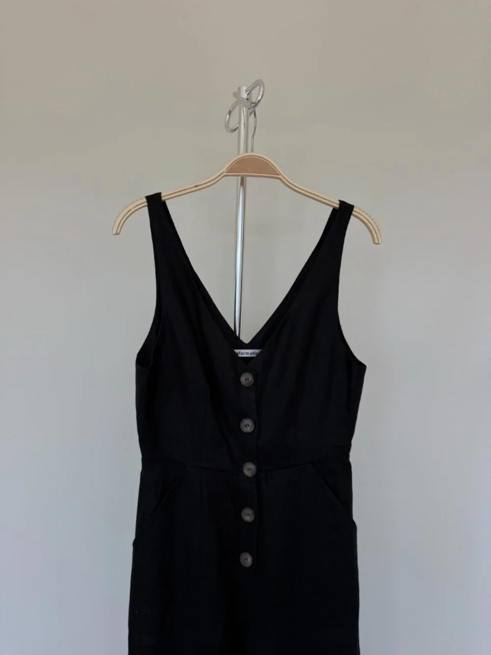 Reformation  Black Linen Blend Button Wide Leg Jumpsuit with Pockets